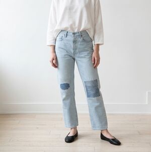Upcycled Light Blue Sashiko Patched Women's Ribcage Straight Levi's